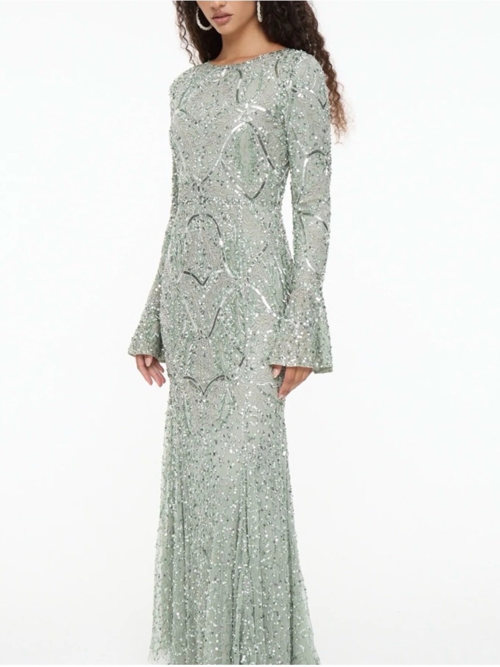 Maryisa Beaded Long-Sleeve Evening Gown in Sage Green